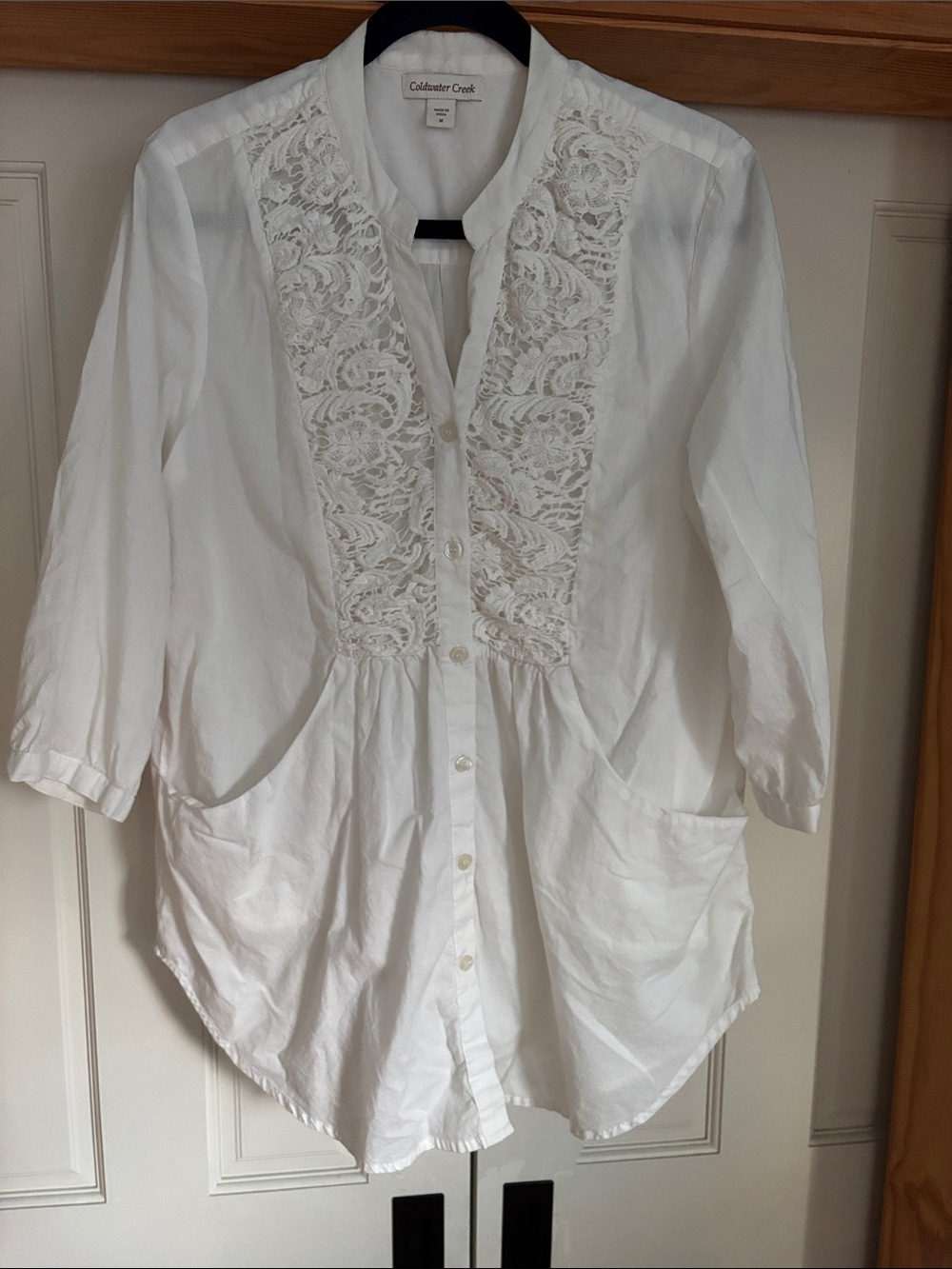 Coldwater Creek White Lace-Trim Button Down Tunic